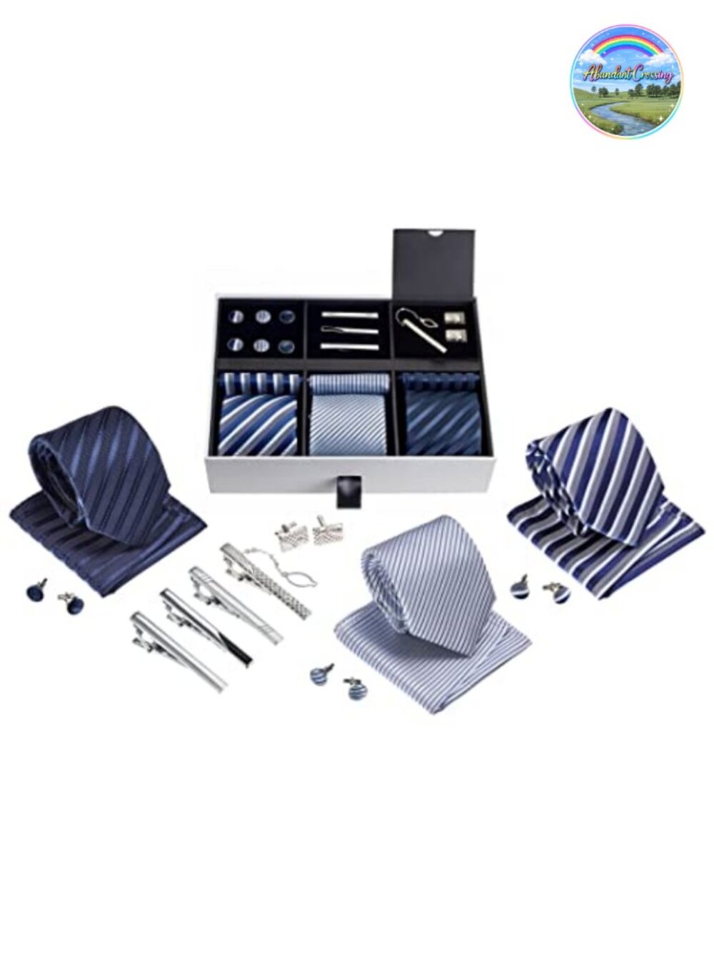 Luxury Men's Gift Tie Set with Pocket Squares, Tie Clips & Cufflinks